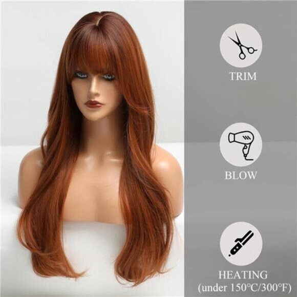 Long Auburn Wig with Bangs Layered Curly Wigs for Women main image 5